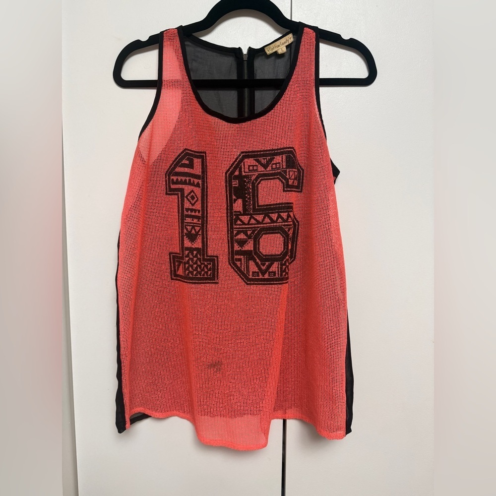 Cotton Candy Coral Sheer Tank with Black Trim & Tribal '16' Graphic